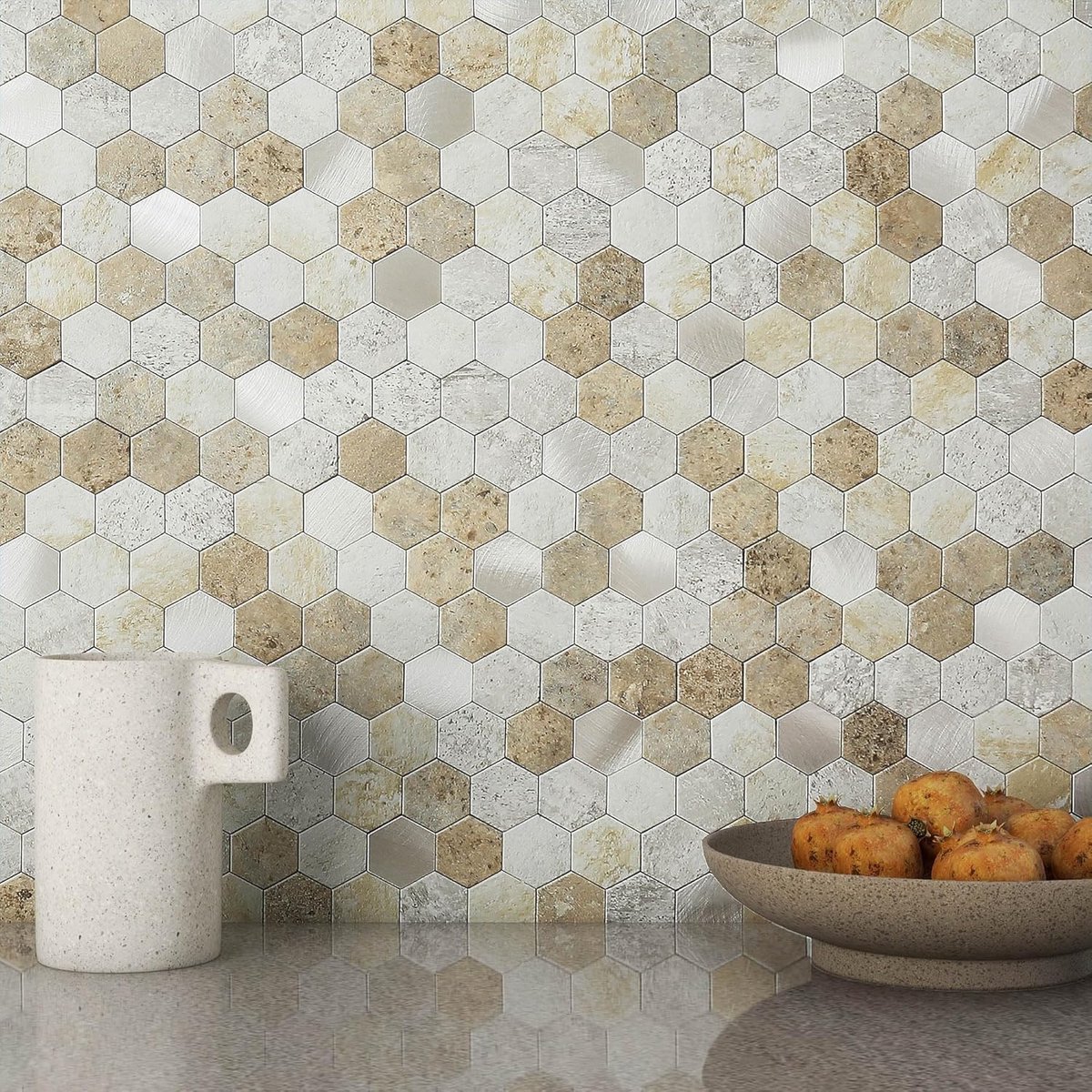 tegels voor achterwand keuken, zeshoekig, metaal, marmer, honingraat, muurtegels, stickers, mozaïek, hittebestendig, bruin (castle brown), 10 vellen