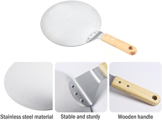 1 stuk pizza- en taartschep met houten handvat, pizzaschep met houten handvat, pizzaschep van rond roestvrij staal, met pizzames van roestvrij staal (zilver) — afbeelding 4