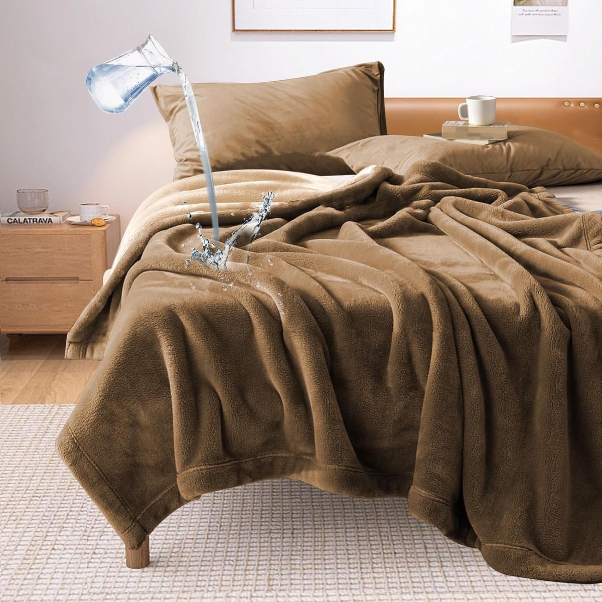SnelShoppen - Waterdichte knuffeldeken voor koppels 230x203 cm | Omkeerbaar, lekvrij en wasbaar dekbed in bruin/tan ter bescherming van meubels, bank
