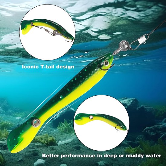Complete set van 62 rubberen kunstaas met jigkoppen, offset haken en stalen leaders - T-tail kunstaas voor snoek, zander, baars en forel, ideaal voor zoetwatervissen — afbeelding 3