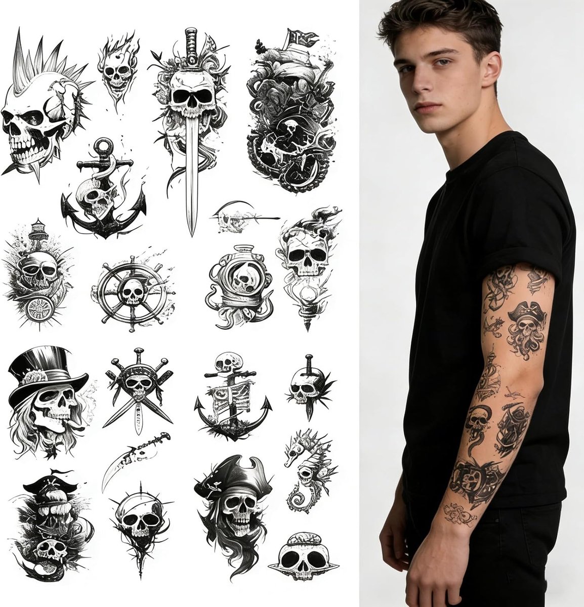 10 Vellen Zwarte Tatoeagestickers Piraten En Doodshoofd Tattoo Tijdelijke Tatoeages Met Schedels Piratenontwerpen Schedel Tattoo Stickers Met Doodskop, Kompas, Anker, Zwaard Voor Mannen Vrouwen