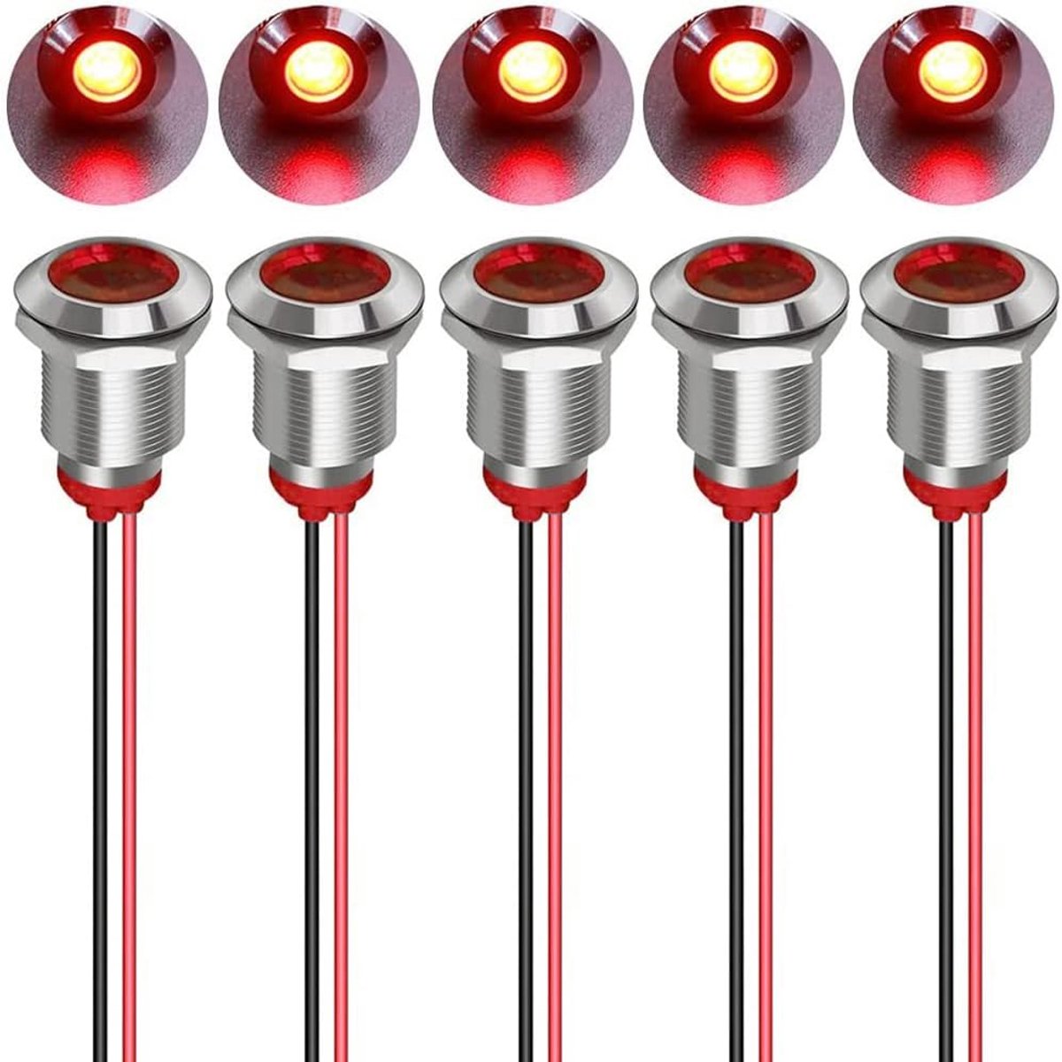 5stks 12mm AC/DC 12-24V LED Metalen Indicator Licht Waterdichte Signaal Lamp Pilot Dash Directional met Draad(Rood)