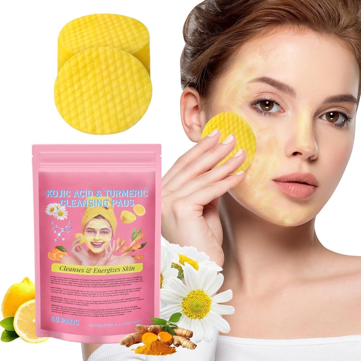 Exfoliërende Cleansing Pads met Kurkuma en Kojic Acid, 40 Stuks voor Gevoelige Huid, Verhelderende en Reinigende Gezichtsponsen voor Alle Huidtypes