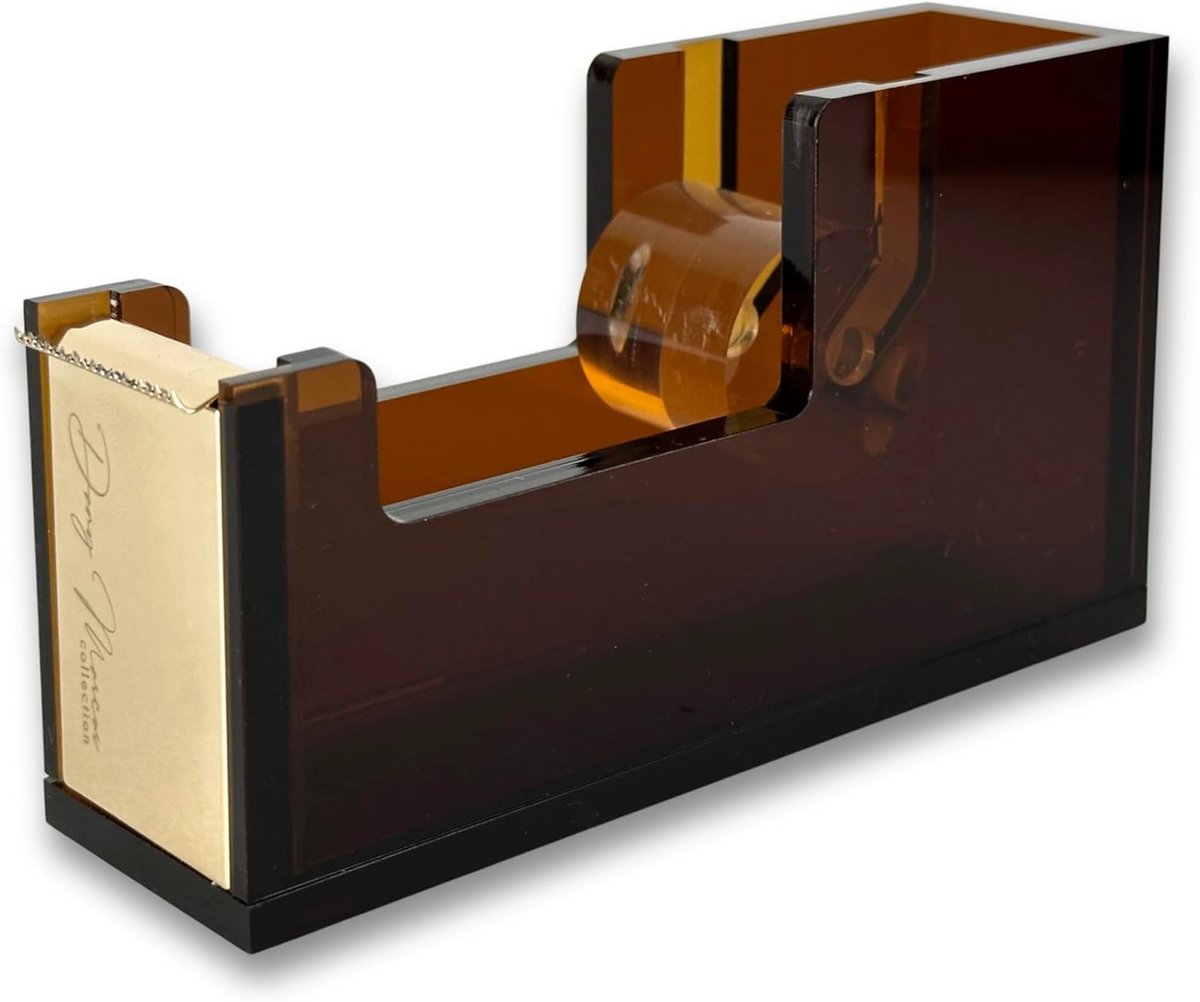 SnelShoppen - Tape dispenser Amber Gold, 8mm Acrylglas, Gouden Metaal Accenten, Luxe Design, Efficiënt Tape Afrollen, Stabiele Constructie voor Kantoo
