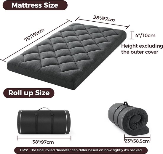 Vloermatras - Opvouwbaar matras - Logeren - Dubbellaags schuim - 190x97x10cm - Donkergrijs — afbeelding 4