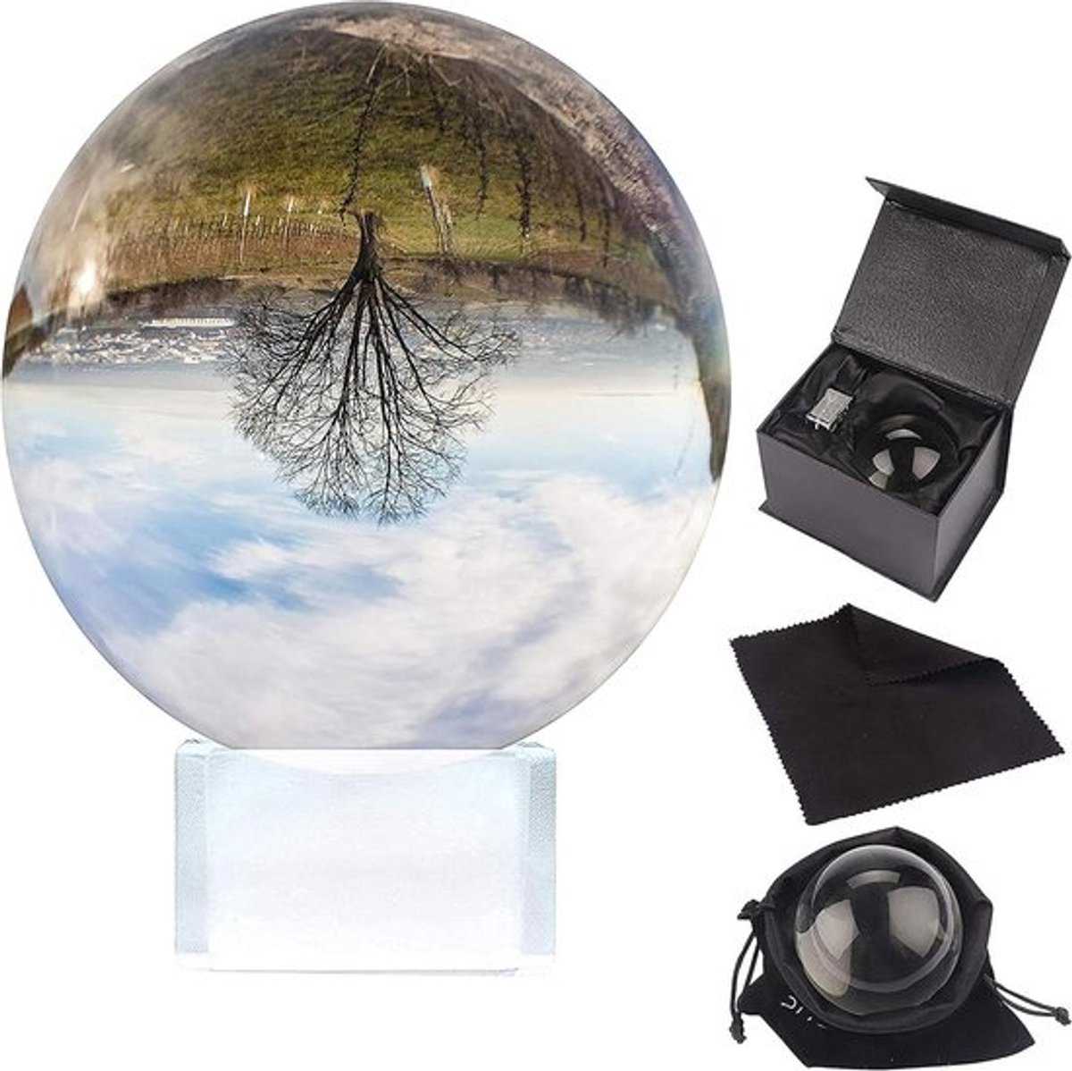 Fotografie bal - Kristallen - Glazen Bol Lens - K9 Kristallen Bal 80mm - 8cm - Bol met Kristallen Standaard, Velours Tasje, Microfiber Doekje en Geschenkdoos - Heldere Fotos - Meditatie