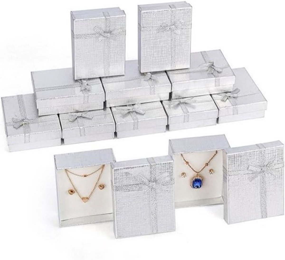 - Sieraden Display Geschenkdozen - Papieren - Set Verpakkingsdoosjes - Oorbellen, Kettingen, Armbanden en Ringen - Geschikt voor Sieraden - Zilver - 12 Stuks - 9 x 7 cm - Met Schuimrubberen Inzetstukken