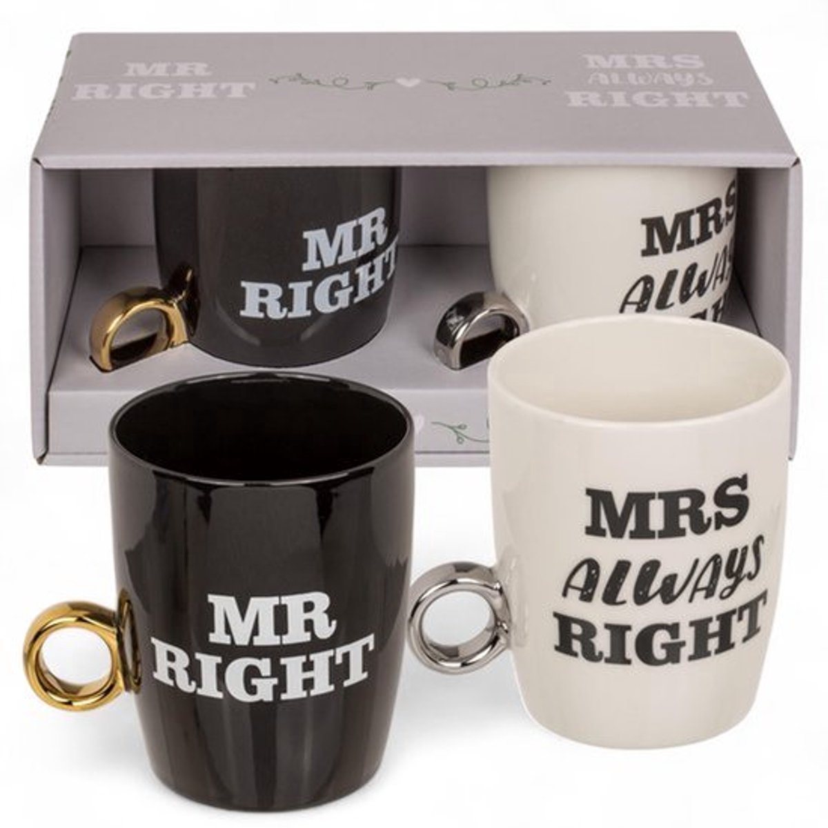 Mok Set Mr Right & Mrs Always Right - Koffiekoppen met Ringhandvat 370 ml - Nieuwe Bone China