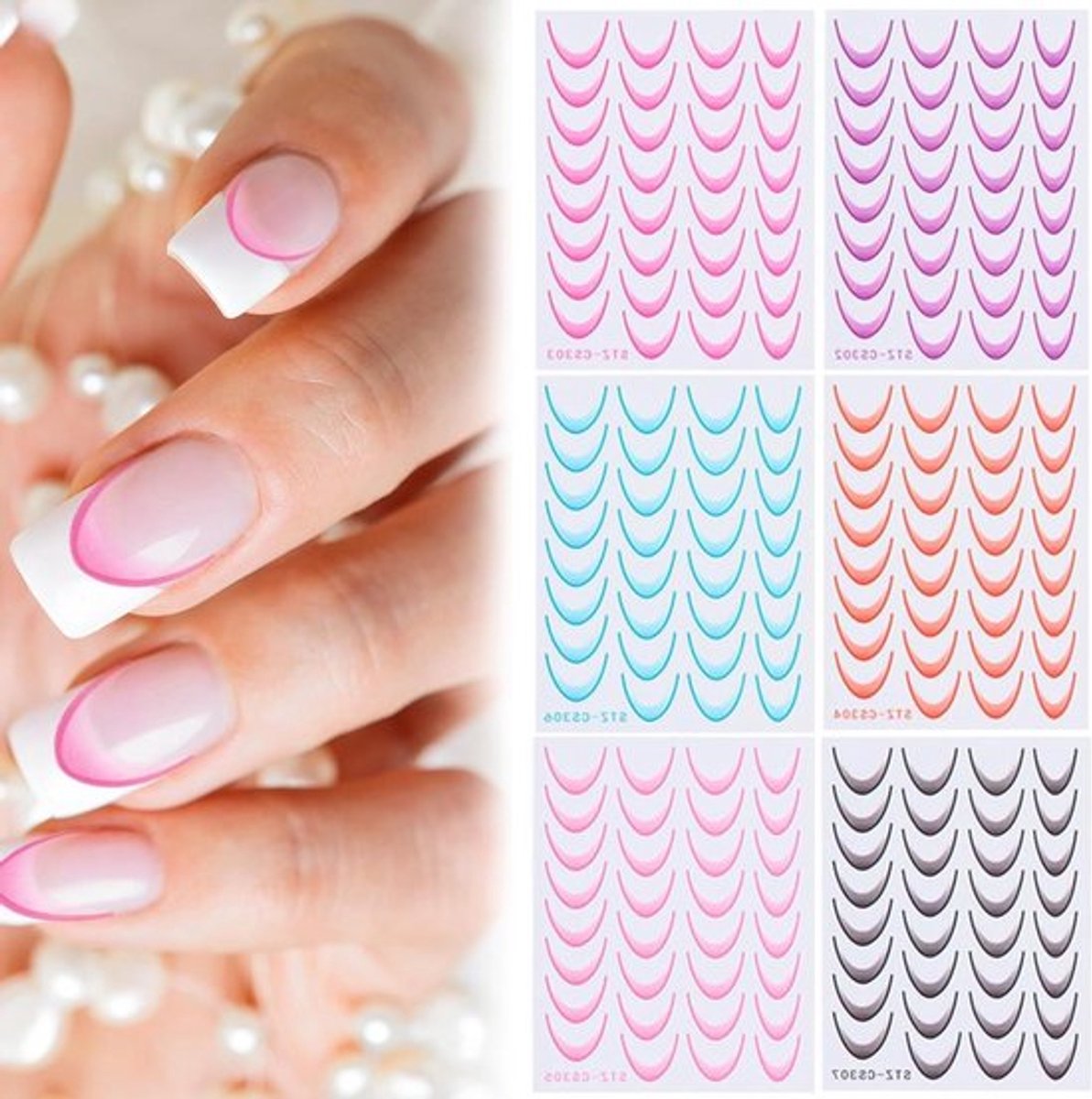 Kleurrijke Franse lijn nagelkunststickers - Set van 6 | Zelfklevende nagelfilm voor doe-het-zelf manicure-sjabloon en nagelontwerp