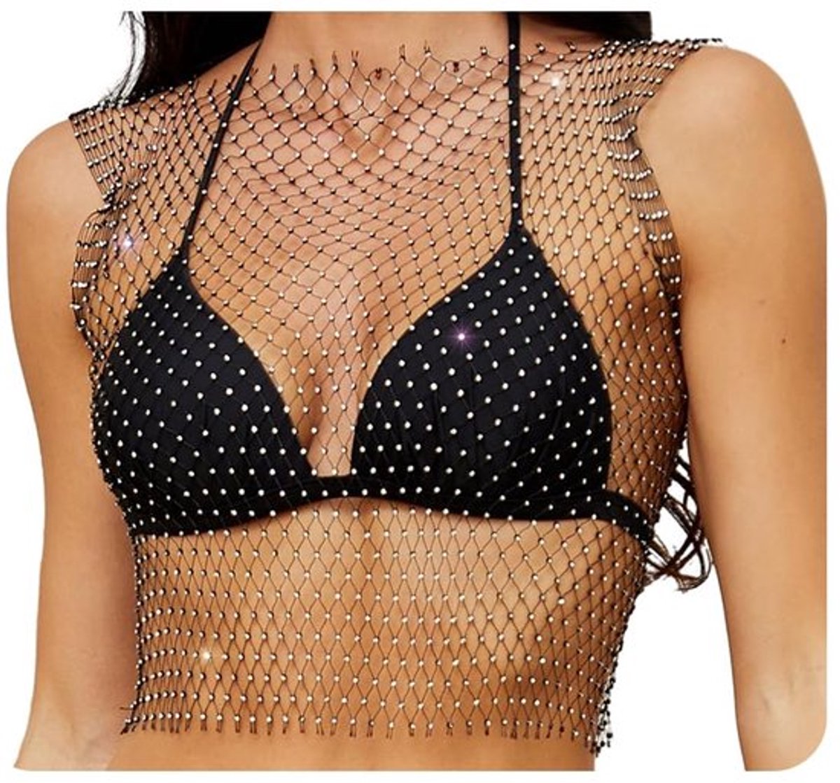 Glanzende rhinestone mesh body chain top voor vrouwen glanzende festival club korte bikini top M stof, stof
