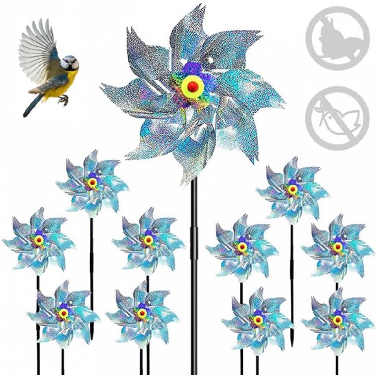 10 Stuks Reflecterende Windmolen - 25*55cm - Vogelverschrikker - Vogelverjager - Windspinner - Vogelafweermiddel - Diervriendelijke Duivenverjager - Tuindecoratie - Windmolen Tuinsteker - Geschikt voor Vogelverschrikkers, Balkons, Tuinen, Boomgaarden