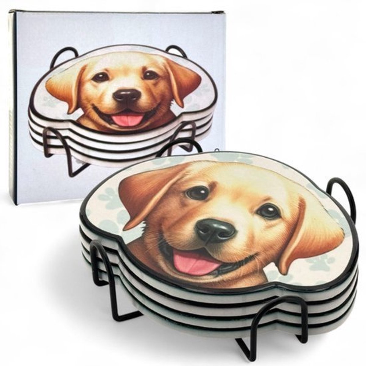 Honden Coasters - 4 Delen Keramische Drinkcoasters met Stalen Houder - Niet-slip en Hittebestendig