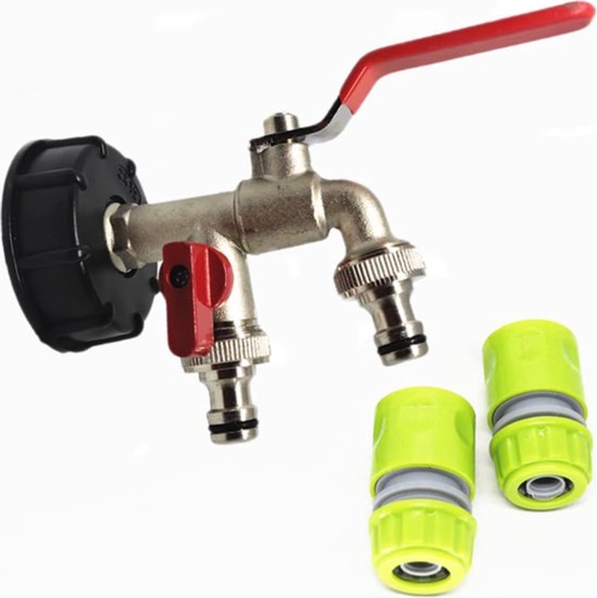 IBC Tankaccessoires, 1/2 inch, messing IBC dubbele kopadapter, accessoires, schroefaansluiting, reserveventiel, armatuuronderdelen, tuinkraan, slangarmatuur, onderdelen, voor 1000 l watertank
