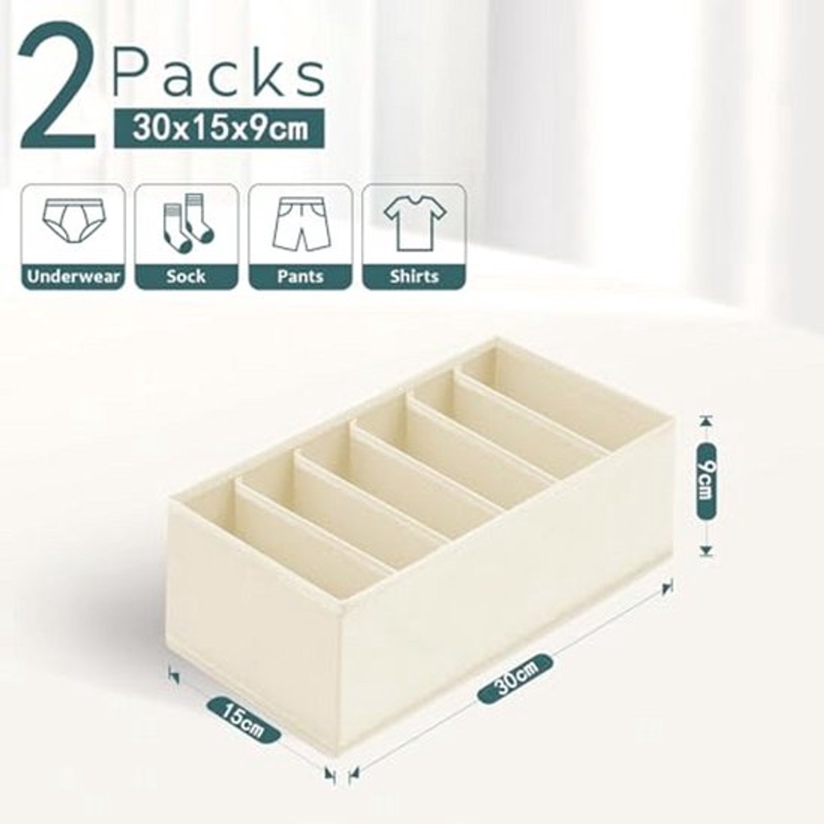 Lade-organizer set van 2 voor het organiseren van ondergoed en sokken, 30 x 15 x 9 cm, beige