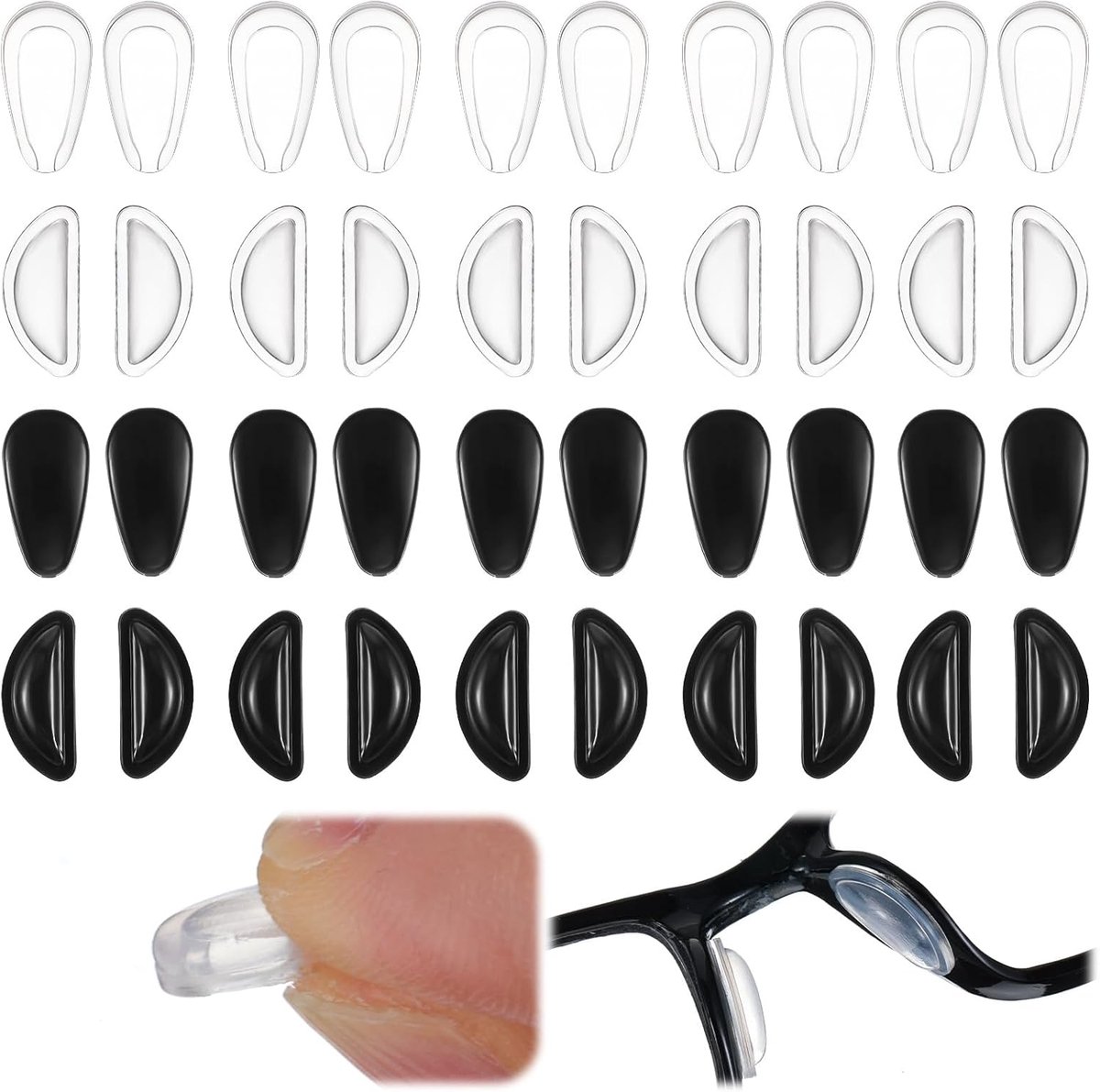 SnelShoppen - 20 Pairs Silicone Eyeglass Nose Pads, Zelfklevende Anti-slip Neus Pads voor Brillen, Comfortabel en Zacht, 2.5/3mm Dikte, Zwart/Transpar