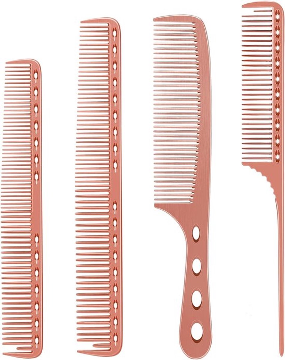 Professionele aluminium kammenset voor haarverzorging, knippen en stylen: kam voor lang/kort haar, handvat en staartkam (roségoud)