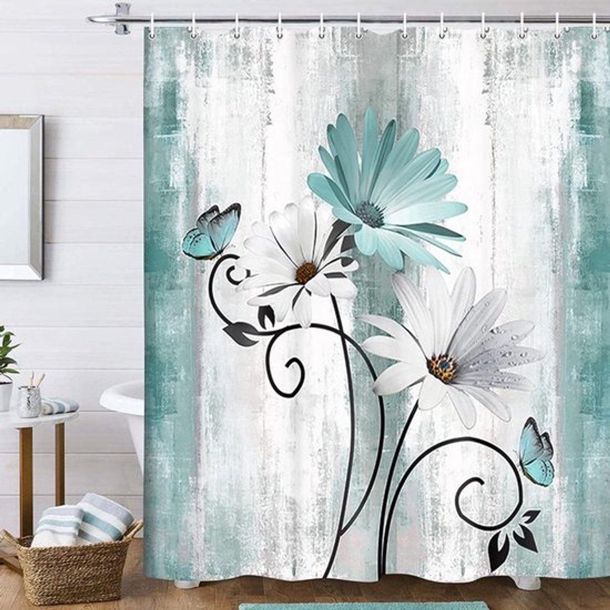 Rustiek Douchegordijn met Bloemen en Vlinderprint - Hydrofobe Badkamerdecoratie