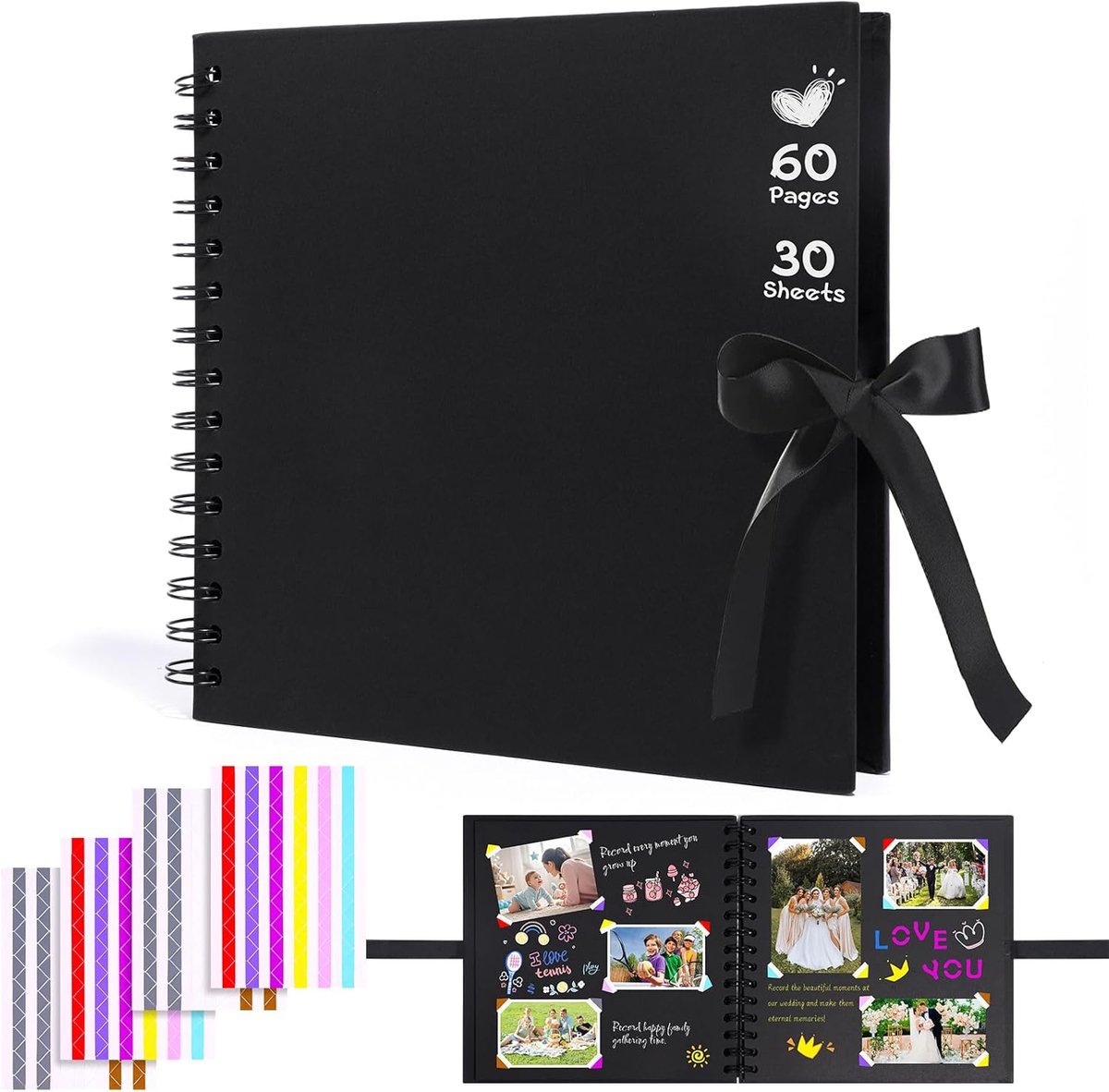 SnelShoppen - Fotoalbum Scrapbook 21,5 x 20,5 cm, 60 Zwarte Pagina's, 108 Hoekstickers, Doe-Het-Zelf Jubileum, Baby, Verjaardag, Valentijnsdag