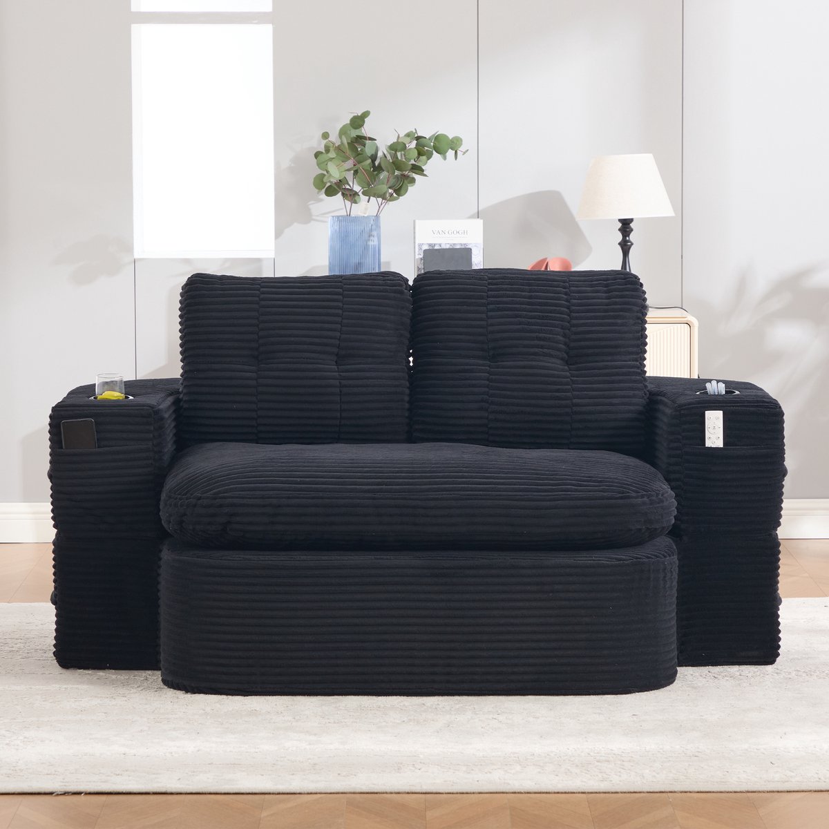 STILVORA Slaapbank 165 x 97 x 61 cm - 2-in-1 Met Ligfunctie, Verstelbare Armleuningen En 2 Bekerhouders - Voor Woonkamer En Lounge - Cord Zwart