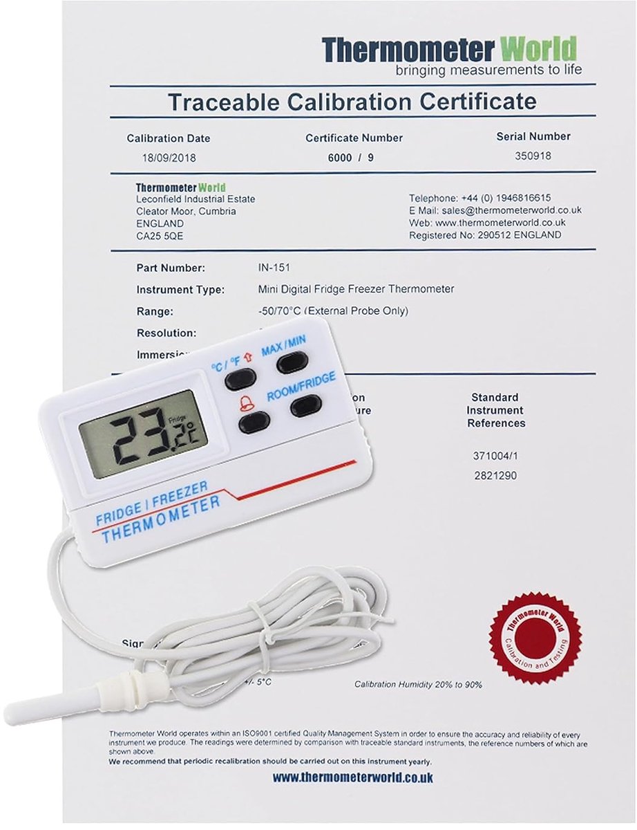 SnelShoppen - Digitale Geijkte Koelkast/Diepvries Thermometer met 2-Punts Traceerbaar Calibratiecertificaat - Temperatuurmeter voor Fridge/Freezer met