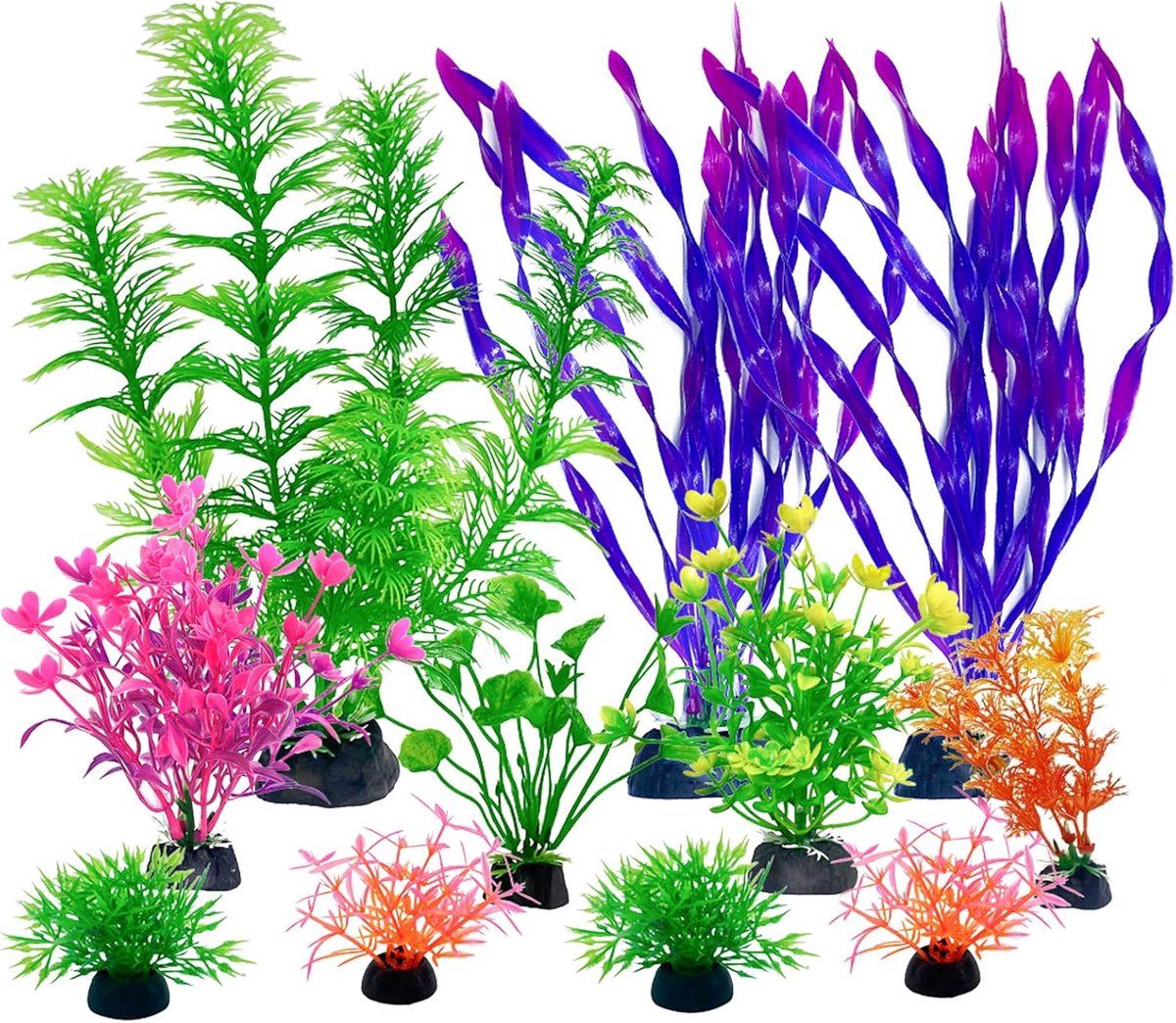 SnelShoppen - Aquarium Decoratie Accessoires - Kunstplanten voor Aquarium en Mini Vijver - 11 Stuks in Paars, Groen en Roze - Realistische Waterplante