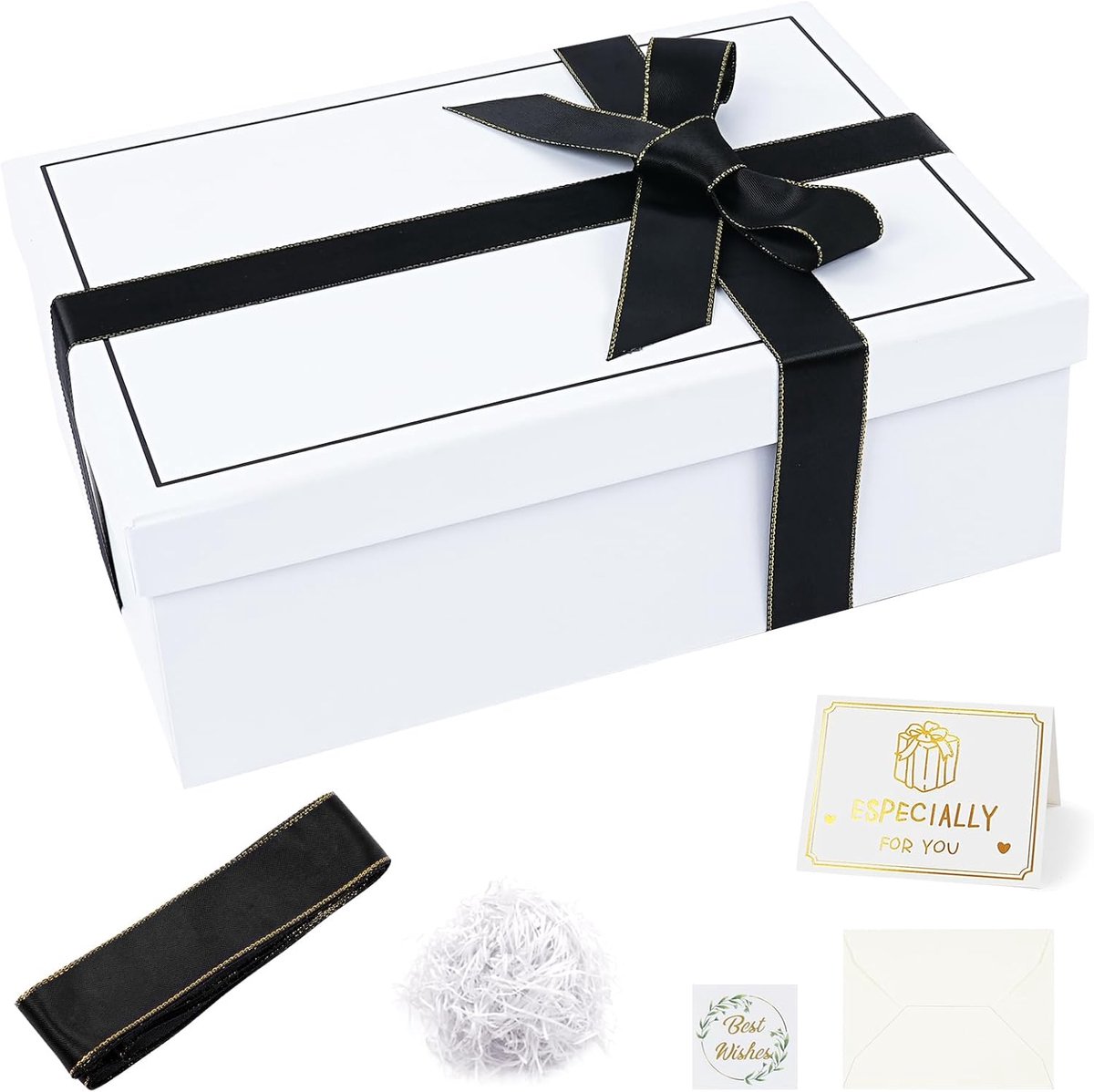 SnelShoppen - Cadeauverpakking met Deksel 25x18x8,5 cm - Geschenkdoos Unisex voor Mannen en Vrouwen - Incl. Snipperpapier, Lint en Wenskaart voor Verj