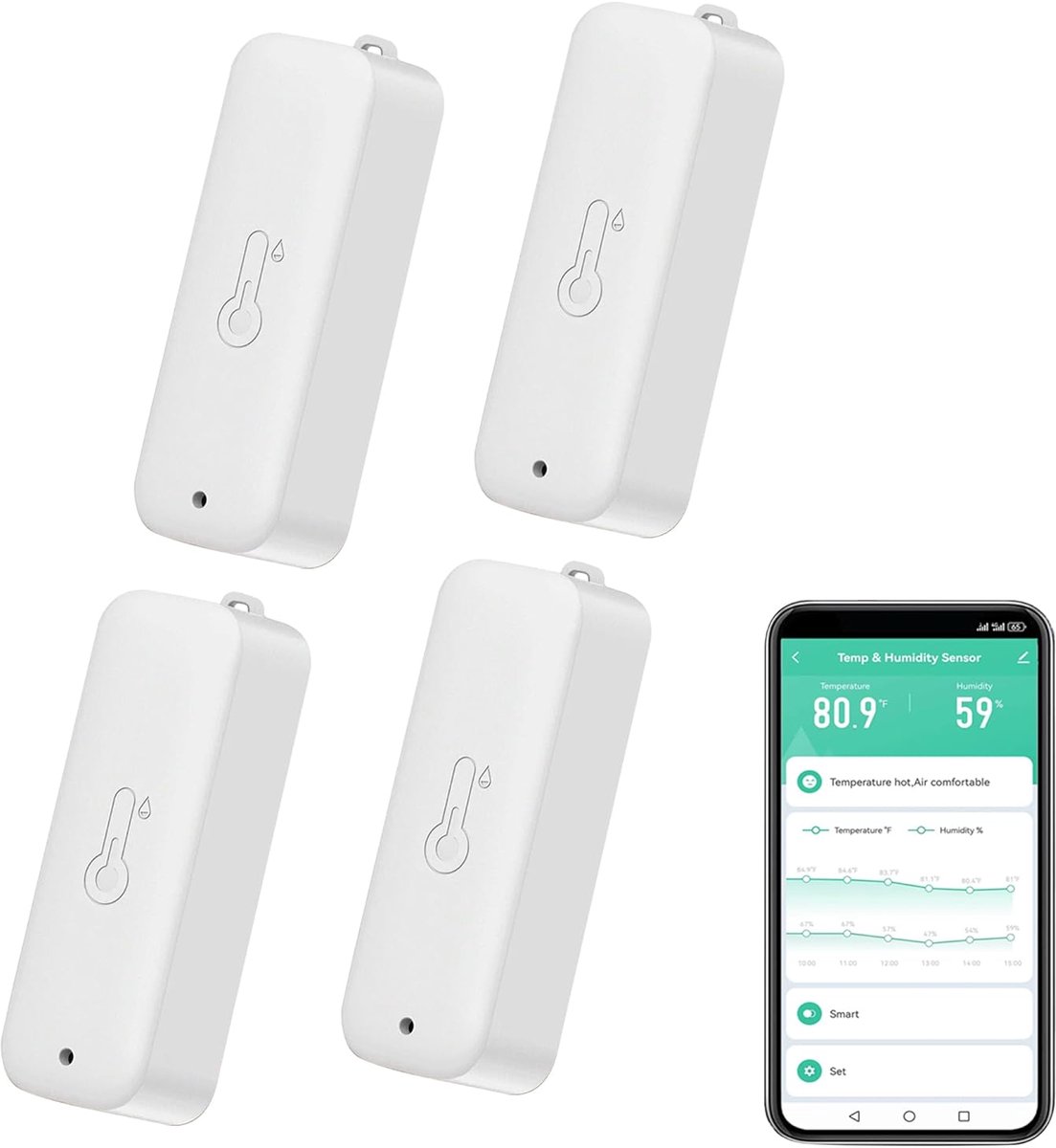 SnelShoppen - Smart Hygrometer Thermometer Set van 4 - Waterproof Temperatuur en Vochtigheidsmeter met App Alarm, Zelf-Magnetische WiFi Sensor voor Bi