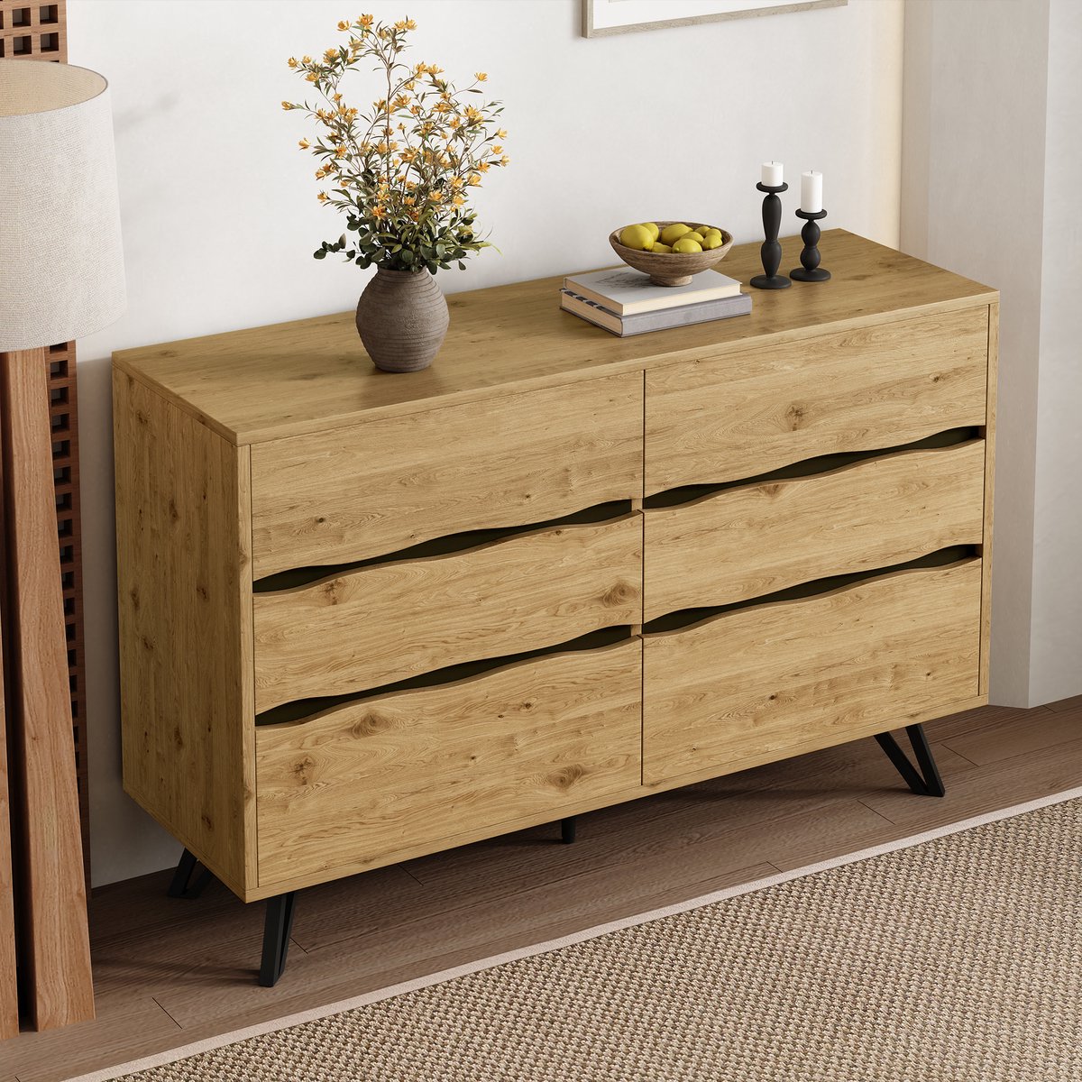 Wishdor - Dressoir - 6 lades - golfvormige fronten en metalen poten - modern design - voor woonkamer, eetkamer of hal - houtlook - houtkleur - 120 x 40 x 75,5 cm
