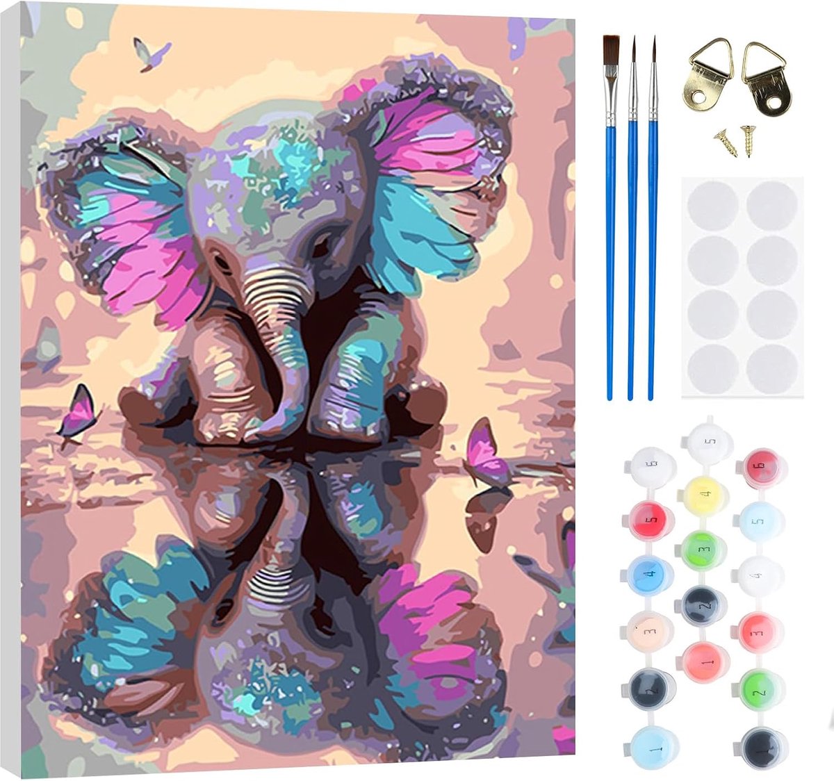 SnelShoppen - Kleurige Olifant Schilderen op Nummer Set voor Volwassenen en Kinderen, DIY Canvas Schilderkit met Penseel, Acrylverf en Houten Lijst vo