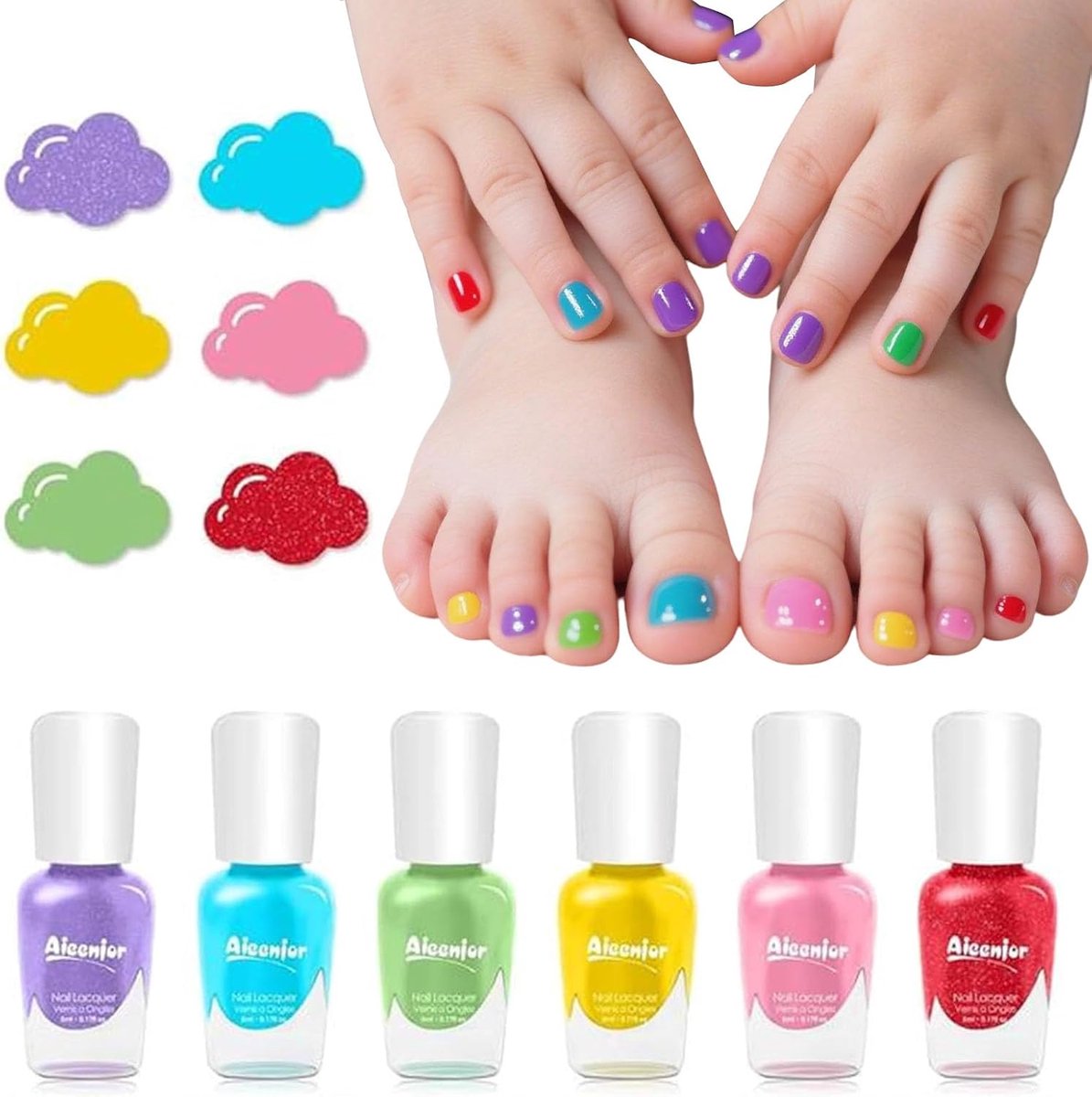 Thijox - Kinderen Nagellak Meisjes, Afwasbare Niet Giftige Kindernagellak voor Feestjes en Creatieve Activiteiten, Veilig voor Kinderen, 6 Kleuren