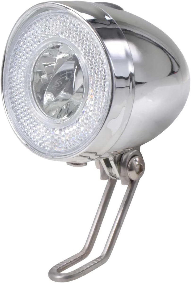 SnelShoppen - Retro LED Fietsverlichting met Chroomlook, Accu- en Batterij Aangedreven, 3W 30 Lux, 2 Lichtstanden, Inclusief Bevestigingshouder