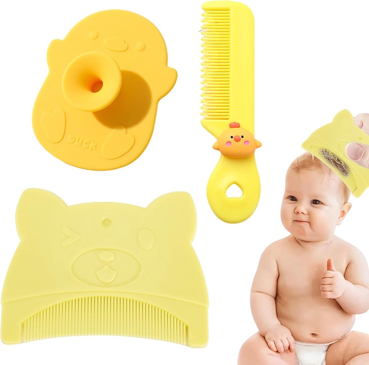 SnelShoppen - 3 stuks baby badborstel en kam voor pasgeborenen, siliconen hoofdhuidmassage set, melkkorst verwijderaar, zacht en veilig, geel