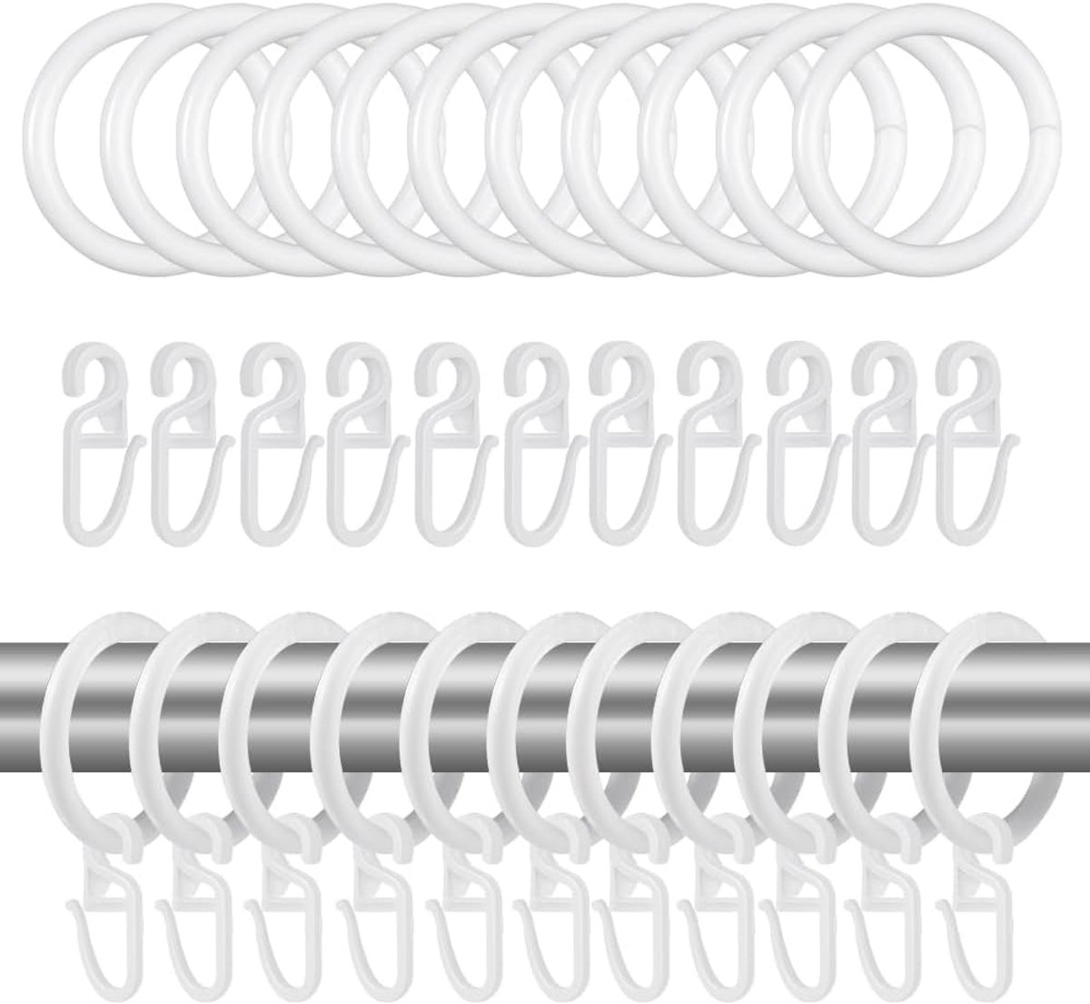 SnelShoppen - 100 Stuks Gordijnringen Set - 50 Douche Gordijnringen en 50 Gordijn Haakjes - 30mm Binnen Diameter - Wit - Plastic - Afneembaar - Voor R