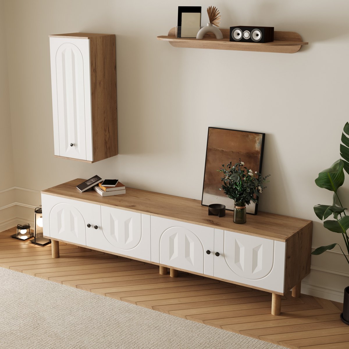 Wishdor - TV-wandmeubel - 3-delige opbergcombinatie - open en gesloten vakken - Scandinavische stijl - woonkamer - houtlook wit naturel - 170 cm