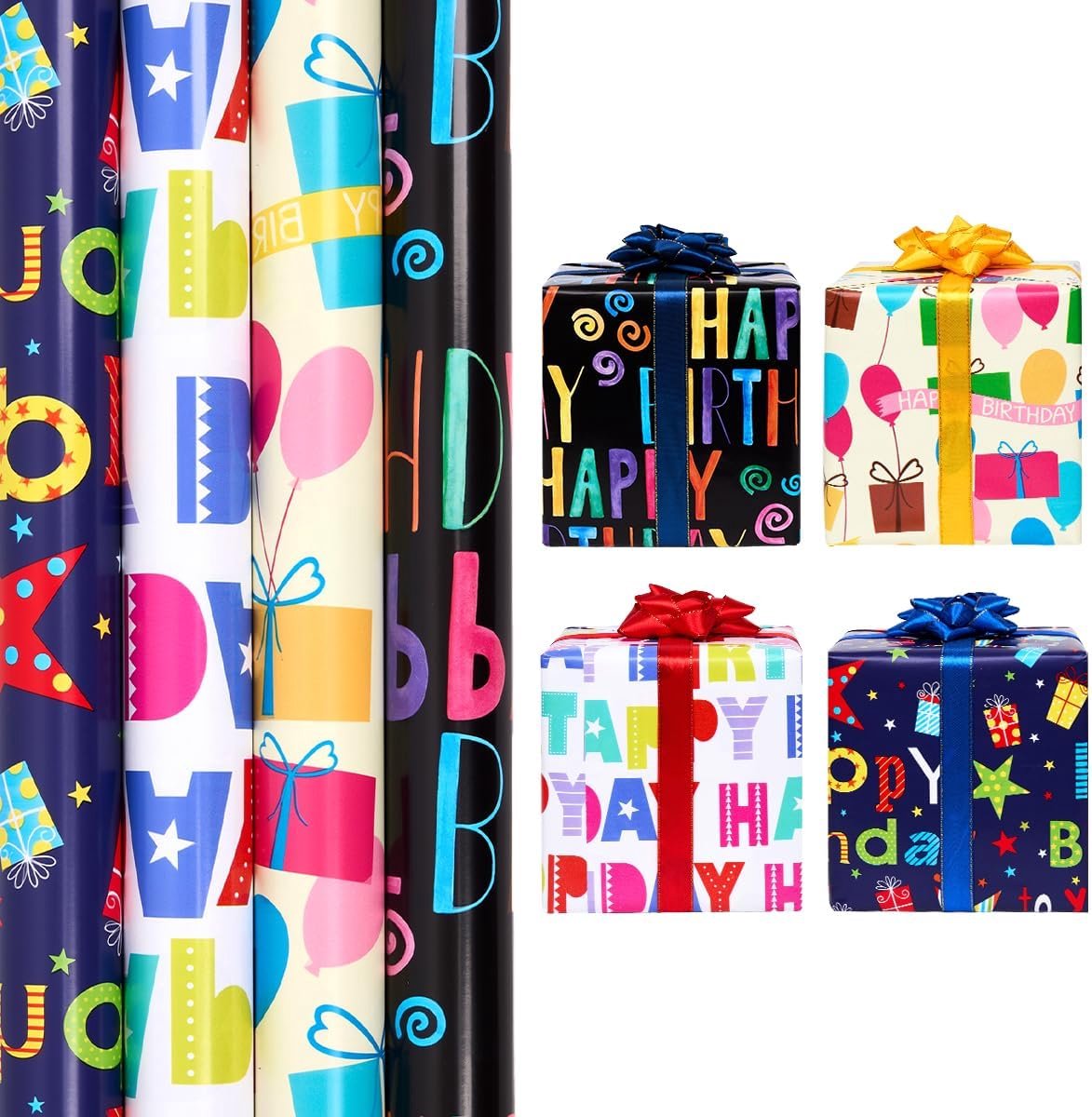 SnelShoppen - Verjaardag Cadeau Inpakpapier Rollenset, 4 Rollen 43cm x 3M, Felgekleurde Verpakkingspapier voor Mannen en Vrouwen, Perfect voor Feestel