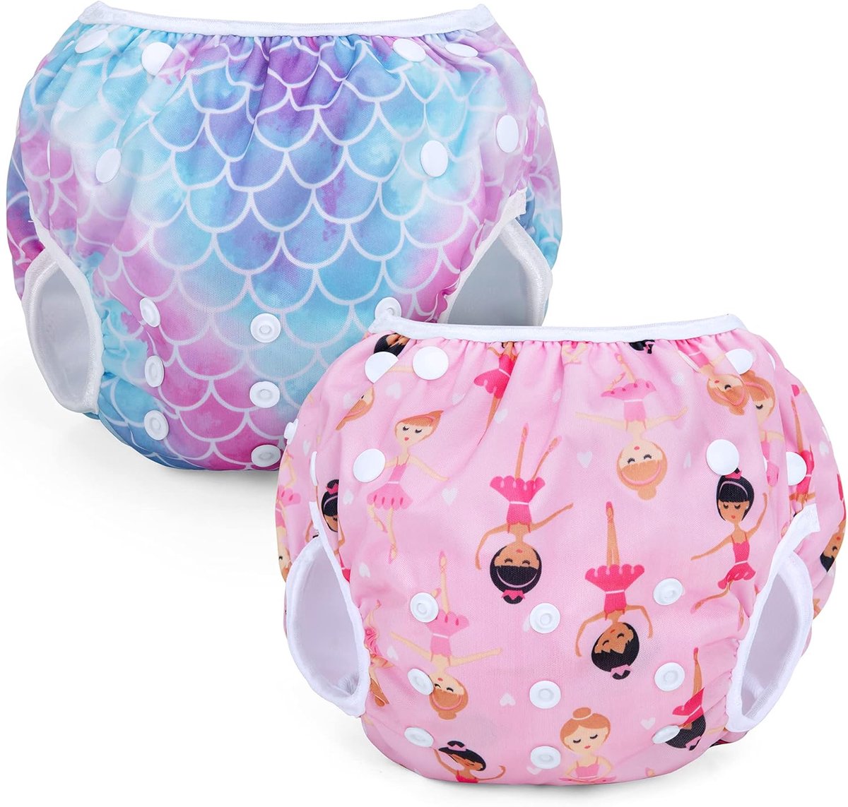 SnelShoppen - Herbruikbare Zwemluier Set (2 Stuks) - Verstelbare Wasbare Zwemluiers voor Baby Jongens & Meisjes - Schaal + Ballet Meisjes - Voor 0-3 J