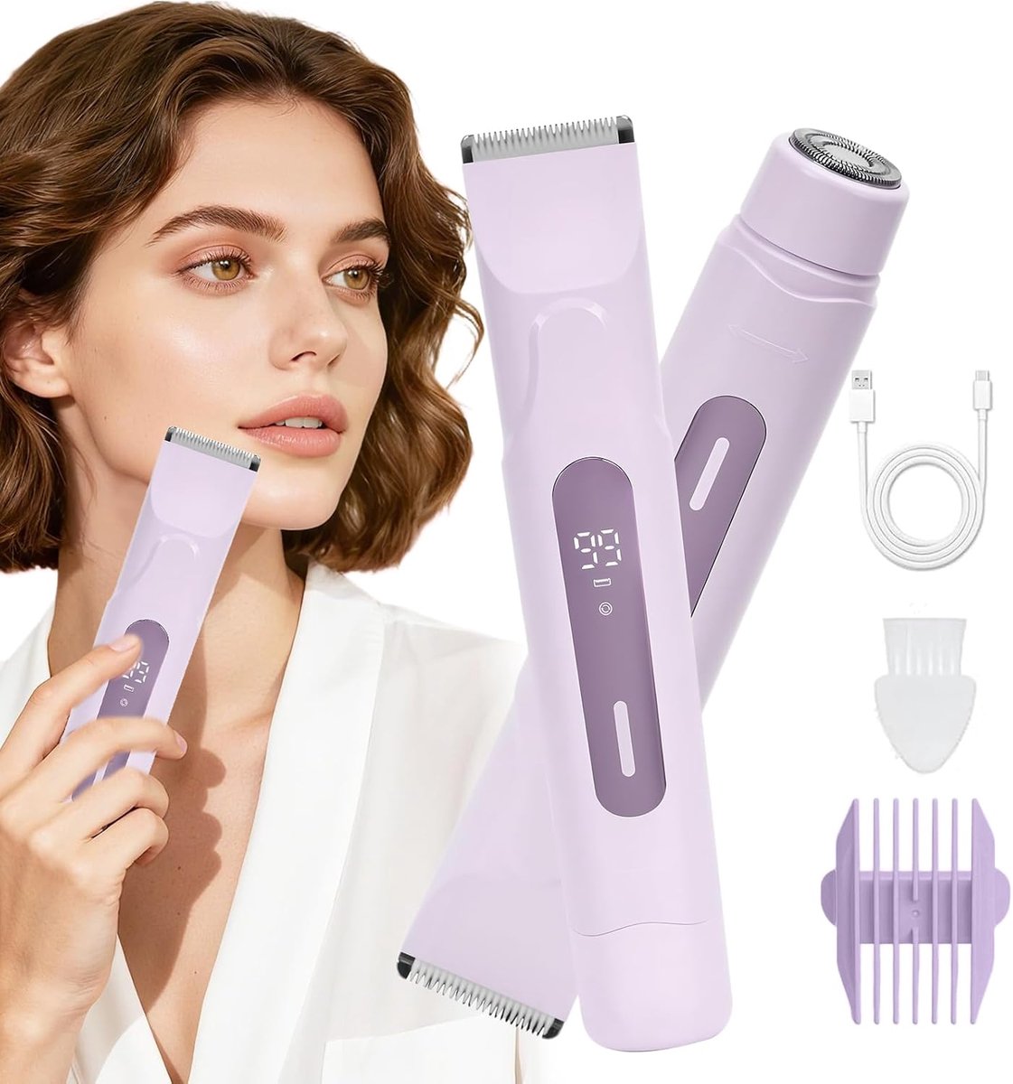 SnelShoppen - Dames Elektrische Scheerapparaat 2-in-1, Body en Gezichts Haartrimmer, Waterdicht voor Bikini, Benen, Onderarmen, Intieme Zones (Paars)