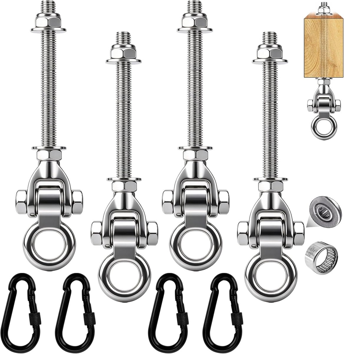 SnelShoppen - 4 Schommelhaken met Lagere, 297 mm Roestvrijstalen Schommelbevestiging voor Houten Balken, Tot 680 kg, Ideaal voor Yoga, Bokszak, Hangma