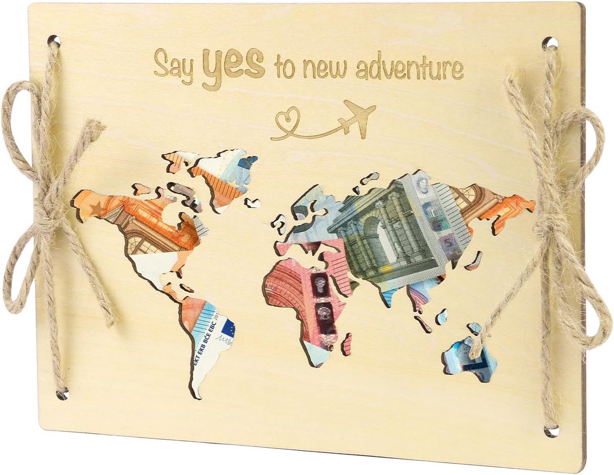 SnelShoppen - Houten Gift Card met Wereldkaart - Origineel Cadeau voor Geld of Wensen - Inclusief Kraft Envelop en Touw - Perfect voor Reisgenoten, Hu