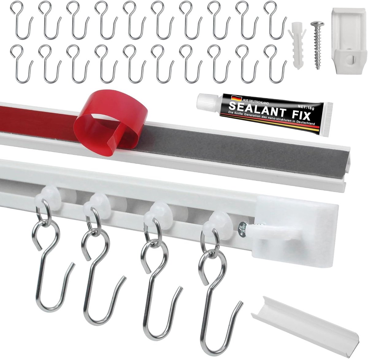 SnelShoppen - Zelfklevende Gordijnrail voor Plafondmontage 4 x 37 cm (148 cm), Uitbreidbaar, Inclusief 20 Rollen en Metalen Haakjes, Geen Boren Nodig,