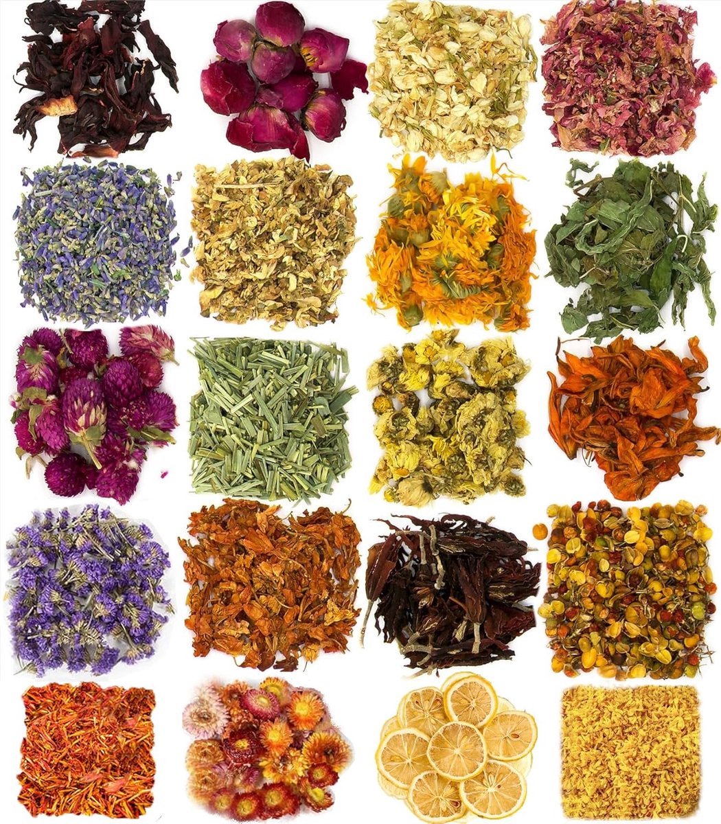 SnelShoppen - 20 soorten Gedroogde Bloemen en Kruiden voor Kaarsen Maken, Zeep, Resin Sieraden, Potpourri, Aroma, Natuurlijk en Geurig, Inclusief Lave