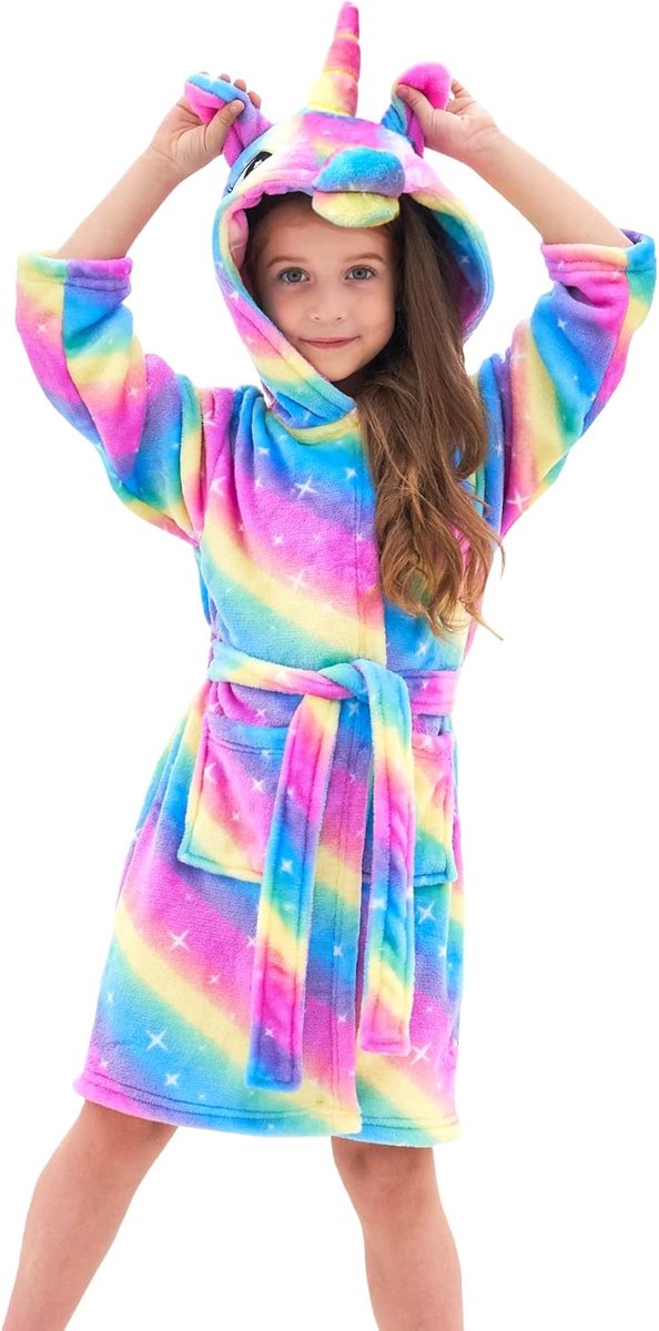 SnelShoppen - Unicorn Badjas voor Meisjes - Zachte Fleece Badjassen met Capuchon - Schattige Eenhoorn Badjas voor Kids - Ideaal voor thuis, slapen, fe
