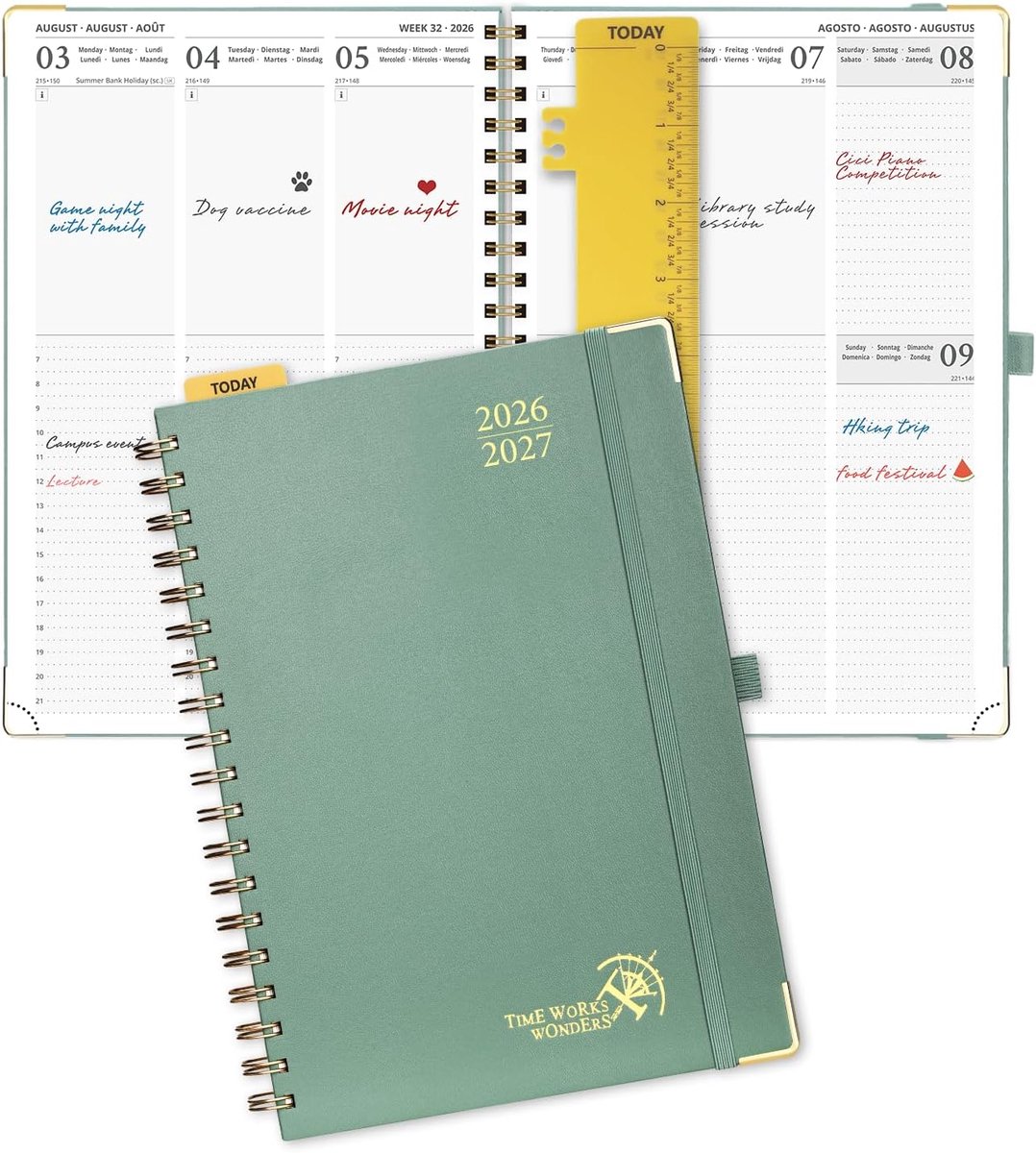 SnelShoppen - Weekly Planner 2026-2027 A4, Spiral Agenda met FSC® Papier, 17 Maanden, Nachtgroen, 30-minuten Intervallen, School Kalender voor Efficië