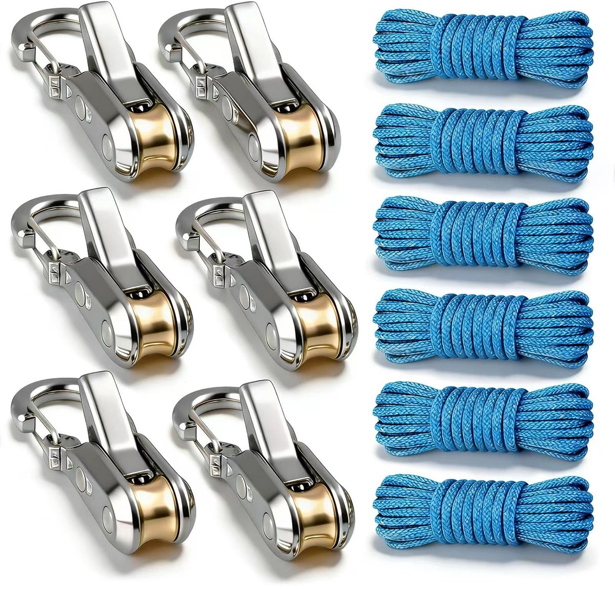 Nokkenkoppeling - 6 Stuks - Multifunctioneel - Aluminium Cam Buckle + Touw - Geen Knopen Snel Spannen - 115 lbs - Tent/Hangmat/Vracht/Kamperen/Dak/Boot - Outdoor/Vervoer/DIY - Zilver+Blauw - Touw 3m - 6 Sets