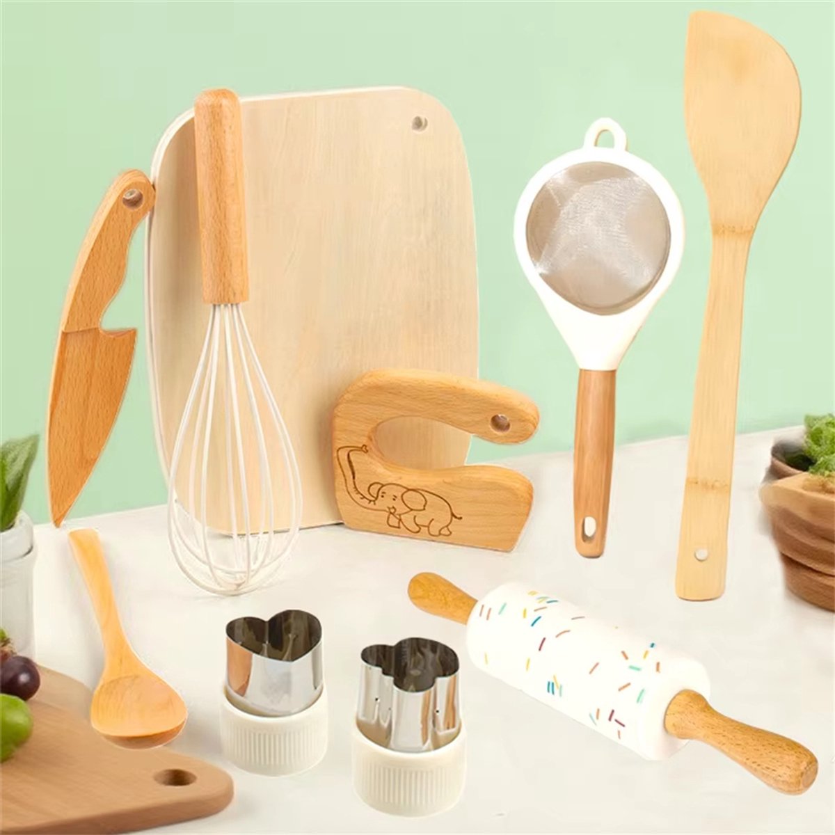 10 stuks Montessori keukengereedschapsset voor peuters, kinderveilig houten mes en bakset voor echt koken, houten keukengerei keukenspeelgoed voor rollenspellen, Kookset voor kinderen, cadeau voor jongens en meisjes