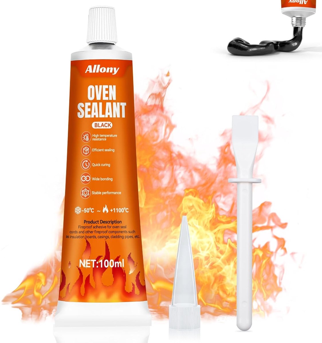 SnelShoppen - Hoge Temperatuurlijm Zwarte Siliconen, Ovenvast tot 1100 °C, Ideaal voor Open Haarden, Kachels, Ketels, Vuurvaste Afdichting, Keuken & P