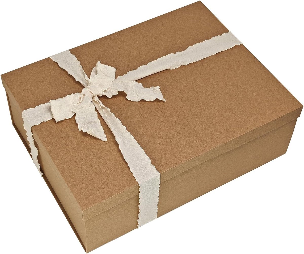 SnelShoppen - Extra Grote Rechthoekige Kraft Geschenkdoos 44 x 33 x 14 cm met Deksel en Lint voor Verjaardag, Kerstmis, Bruiloft en Feest - Premium Ca