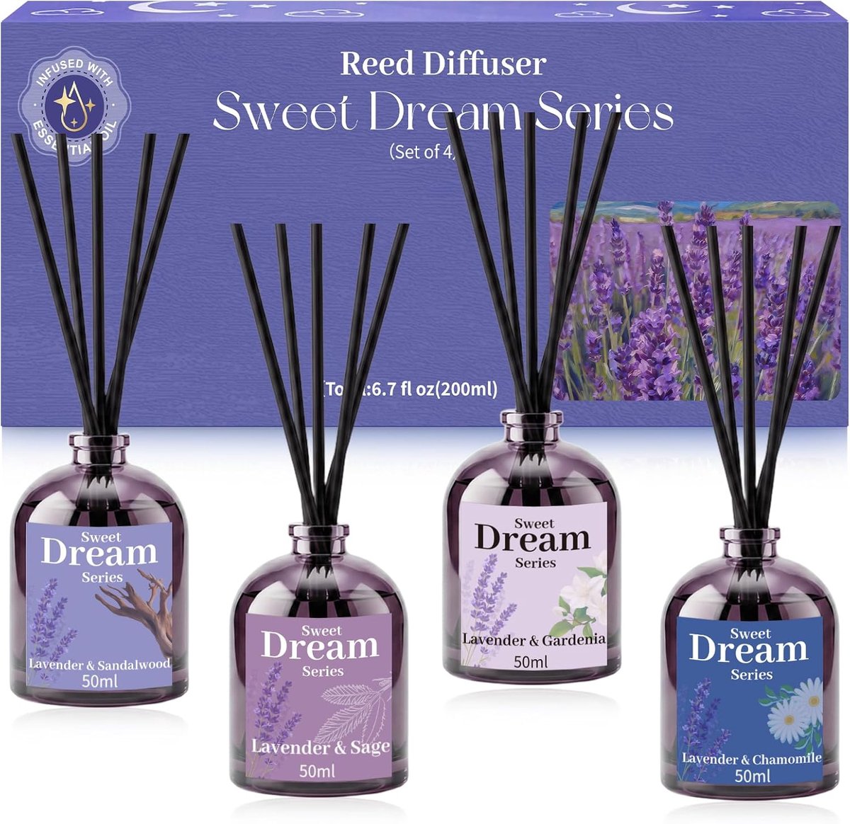 SnelShoppen - Geurstokjes Gardenia, Salie, Kamille & Sandelhout met Etherische Lavendelolie - Rietdiffuser 4 x 50 ml voor Thuis, Badkamer, Kantoor, Ka