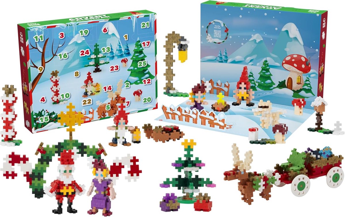 Thijox - Plus Plus Kerst Adventskalender 2024, 25 Bouwstenen Speelgoed, Mini 3D Puzzels, Creatieve Vakantie Aftelling, 600 Stuks, Woodland Christmas,