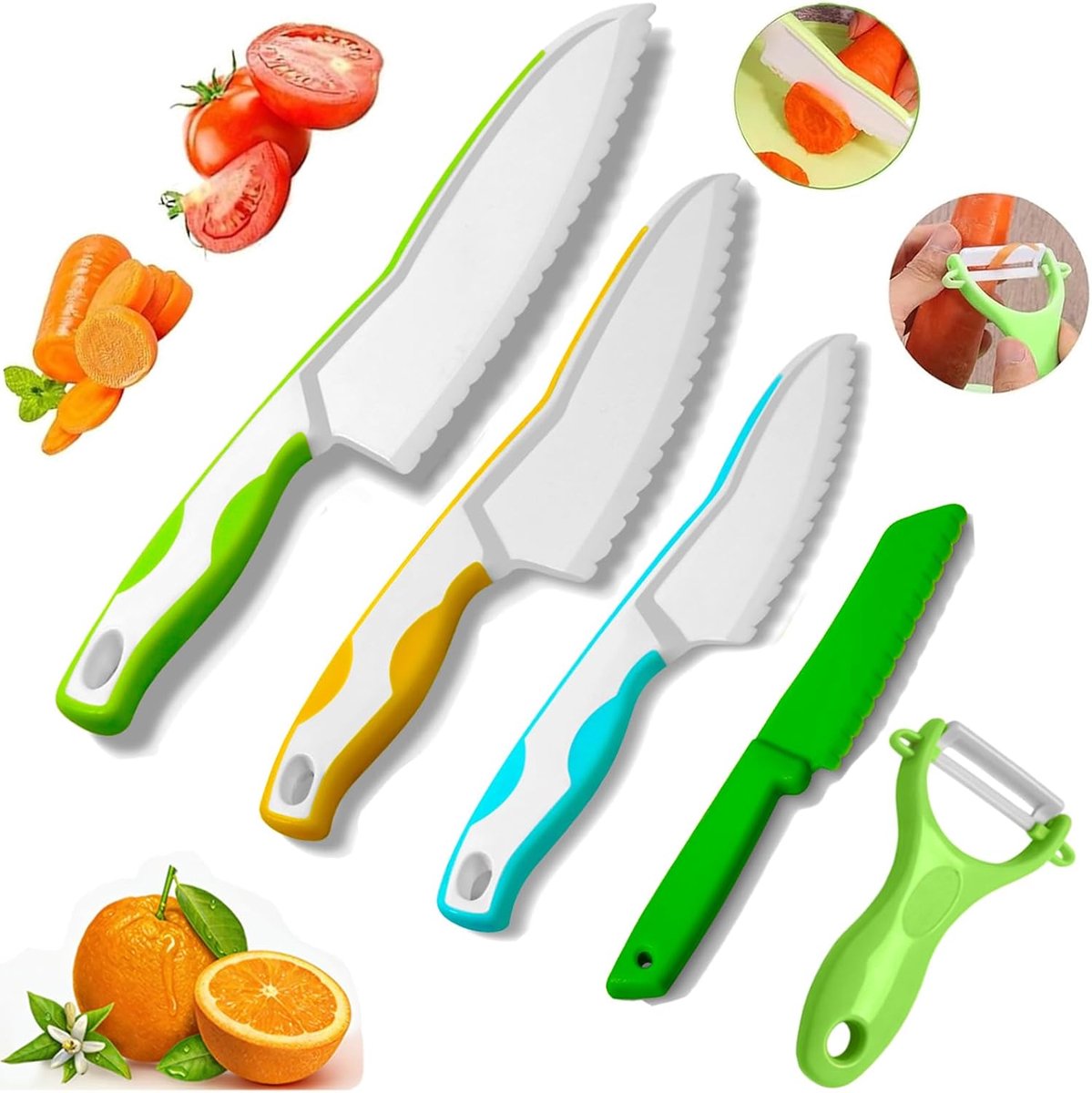 SnelShoppen - 5-delige kindermes set met dunschiller - veilig leer-mes voor kinderen vanaf 2 jaar - kindvriendelijke messen voor koken met fruit en gr